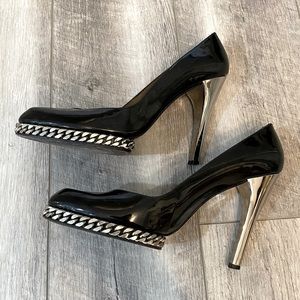 Stuart Weitzman Patent Silver Chain Platform Heels